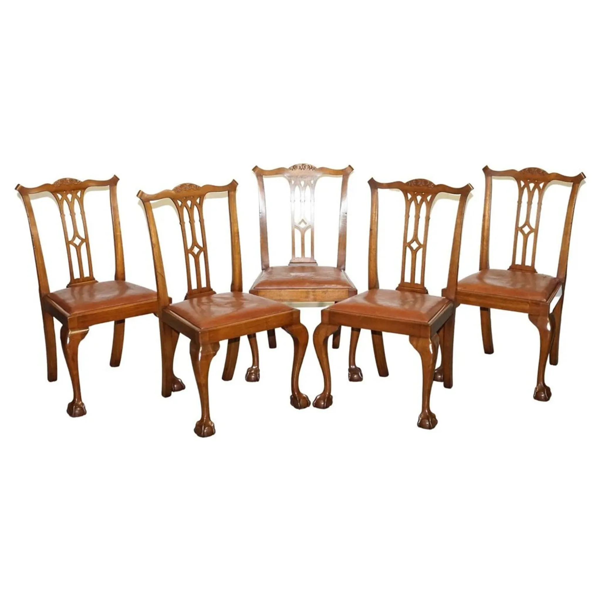 Chippendale Style Dining Chairs with Leather Seats, Set of 5
