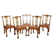 Chippendale Style Dining Chairs with Leather Seats, Set of 5