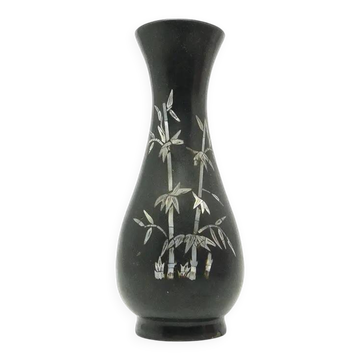 Vase oriental, laque noire, incrustation de nacre, Japon, années 1950