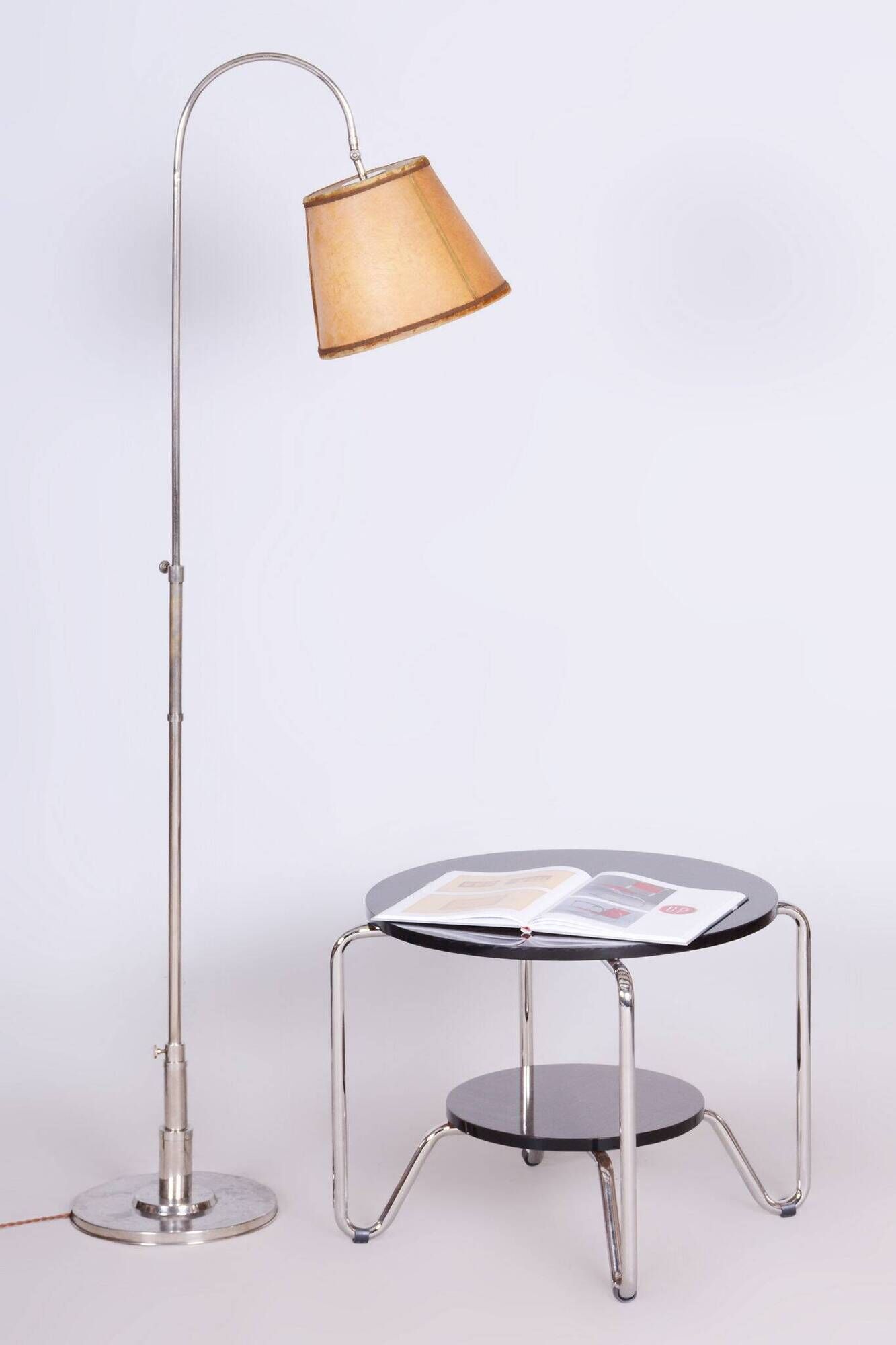 Restored Czech Bauhaus Floor Lamp, Nickel-Plated Steel, Parchment Shade, 1920s
