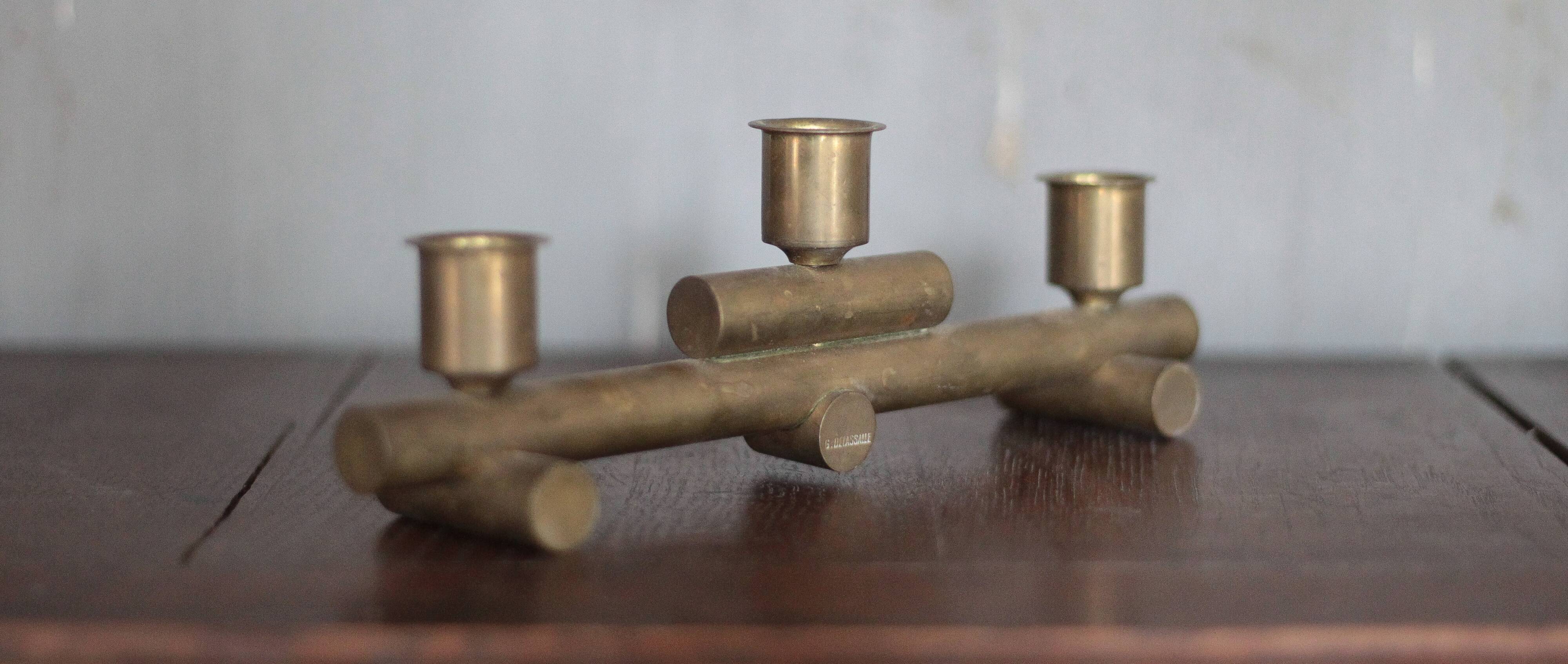 vintage candle holder, signed bronze candle holder, modernist, brutalist