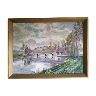 Huile sur panneau l'eau coule sous les ponts