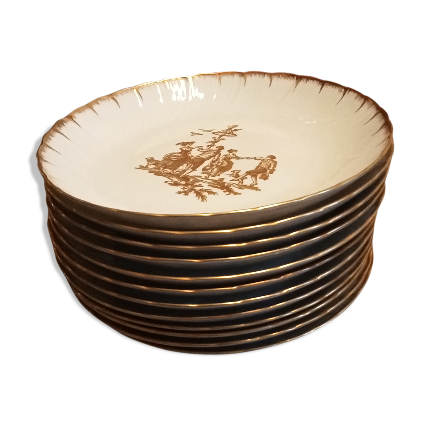 Limoges porcelain signed Bernardaud with gold border and central decoration country scenes