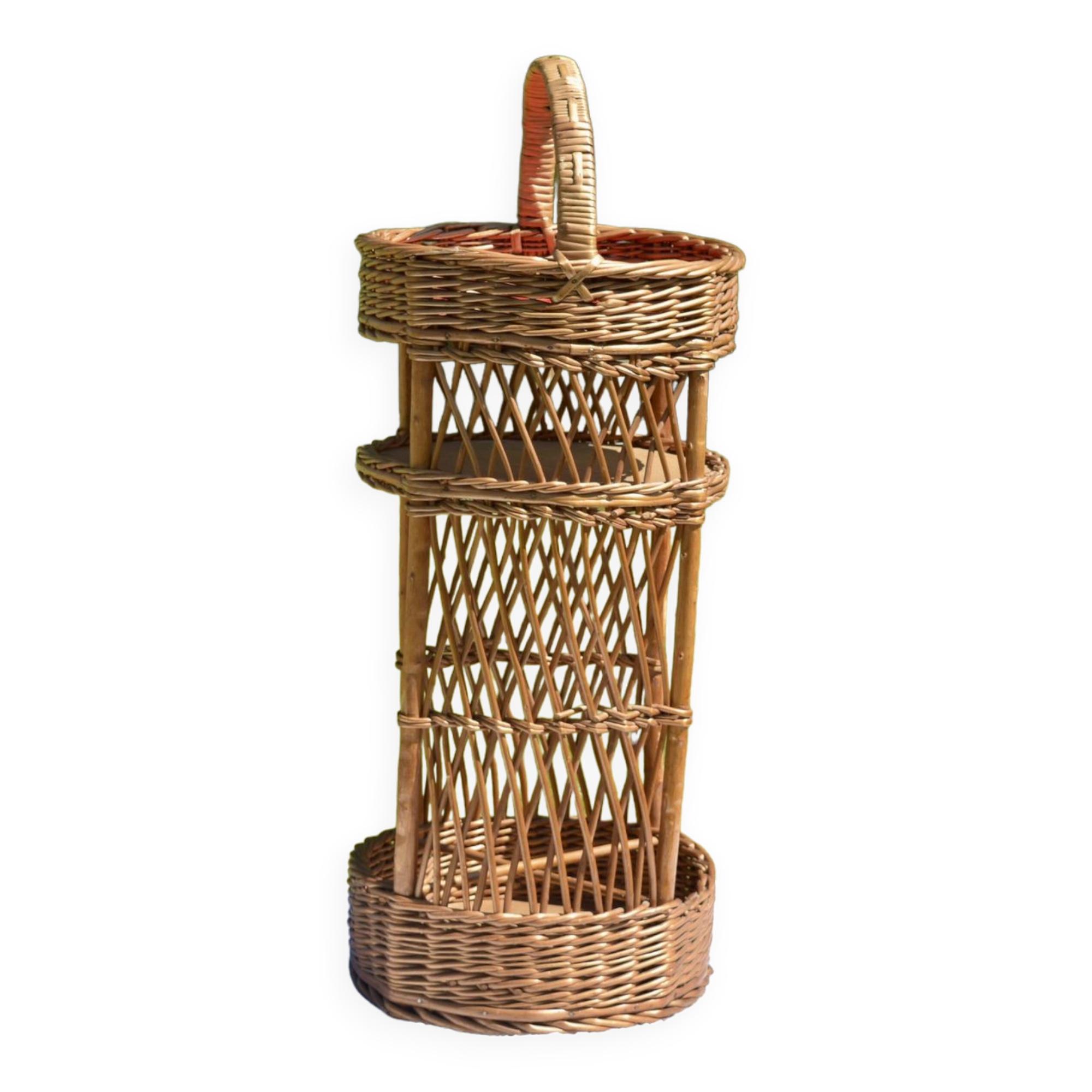 Wicker bottle holder basket with slots for plates and glasses - 1970s