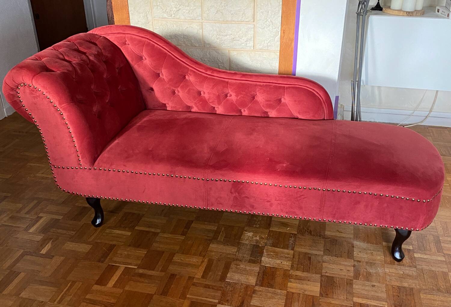 Chesterfield daybed in raspberry red velvet left side