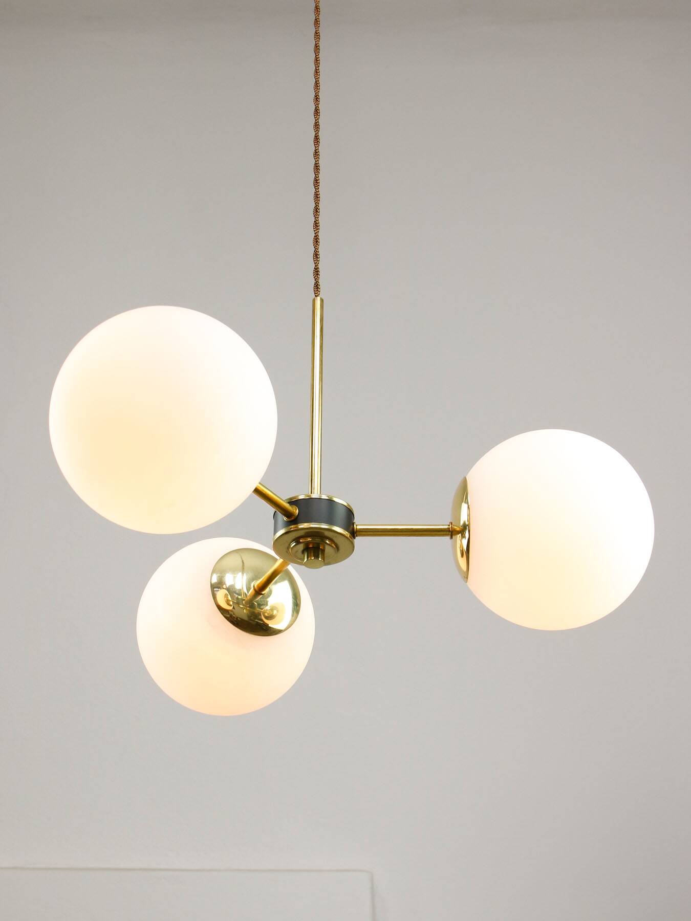 Mid-Century Modern Italian Chandelier in Brass and Opaline Glass, 1960s