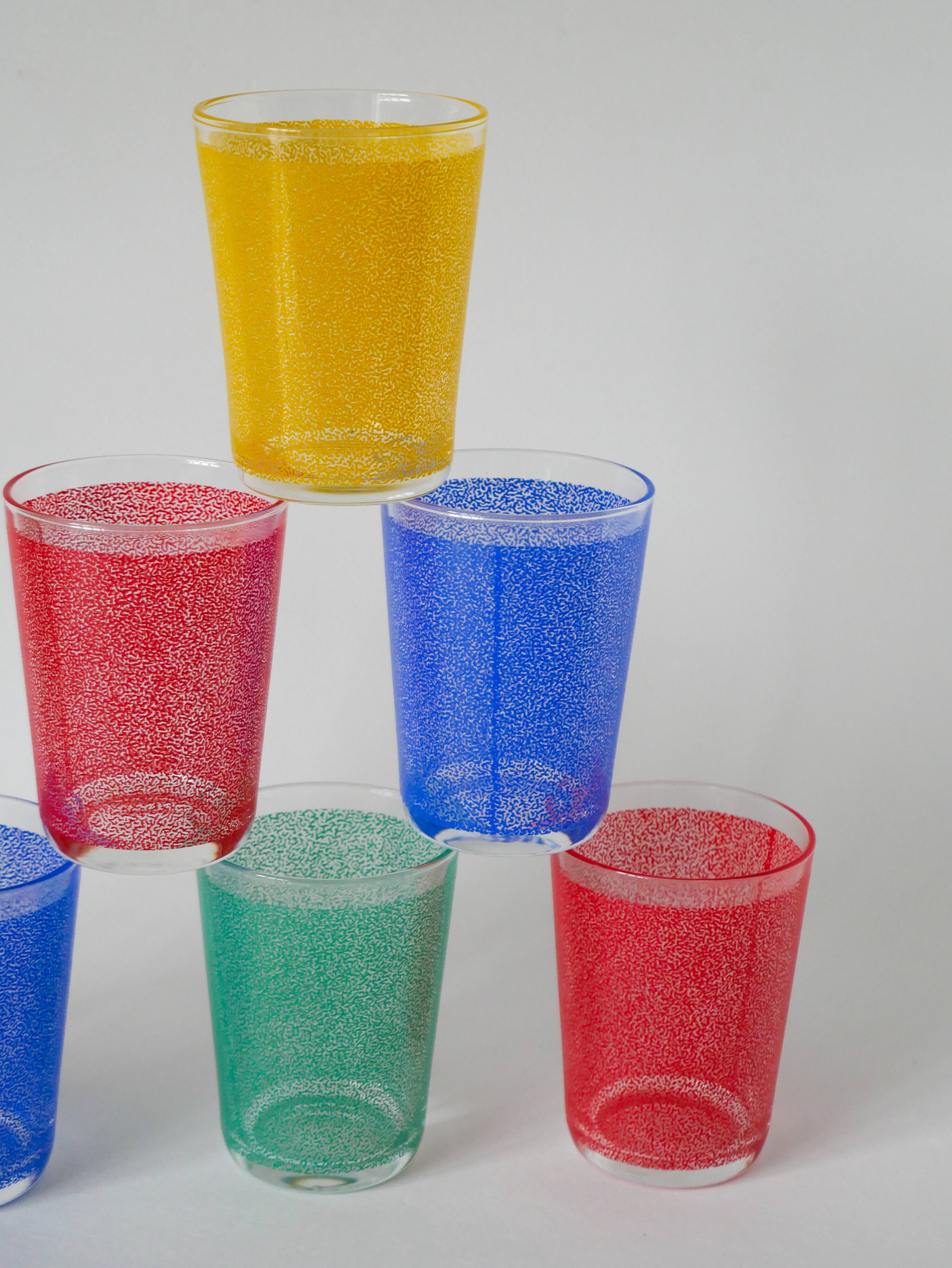 Set of 8 water glasses, red, green, yellow and blue, 1970