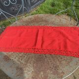 Linen and cotton table runner with vintage red crochet border