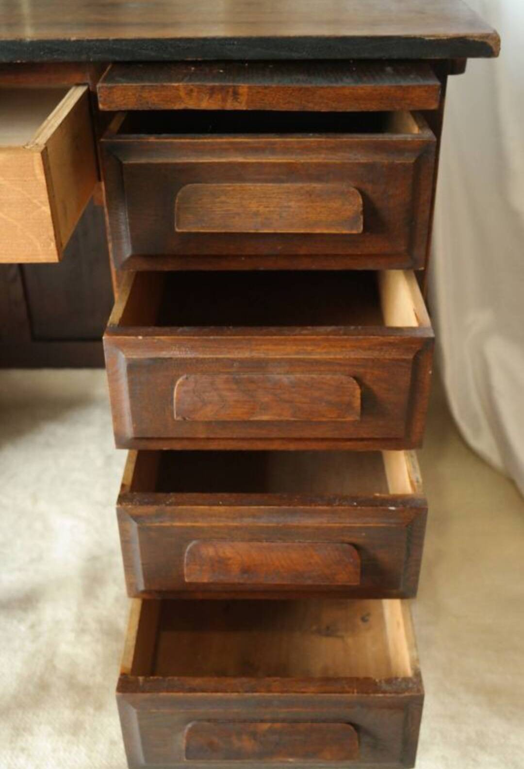 Vintage oak desk with its stool.