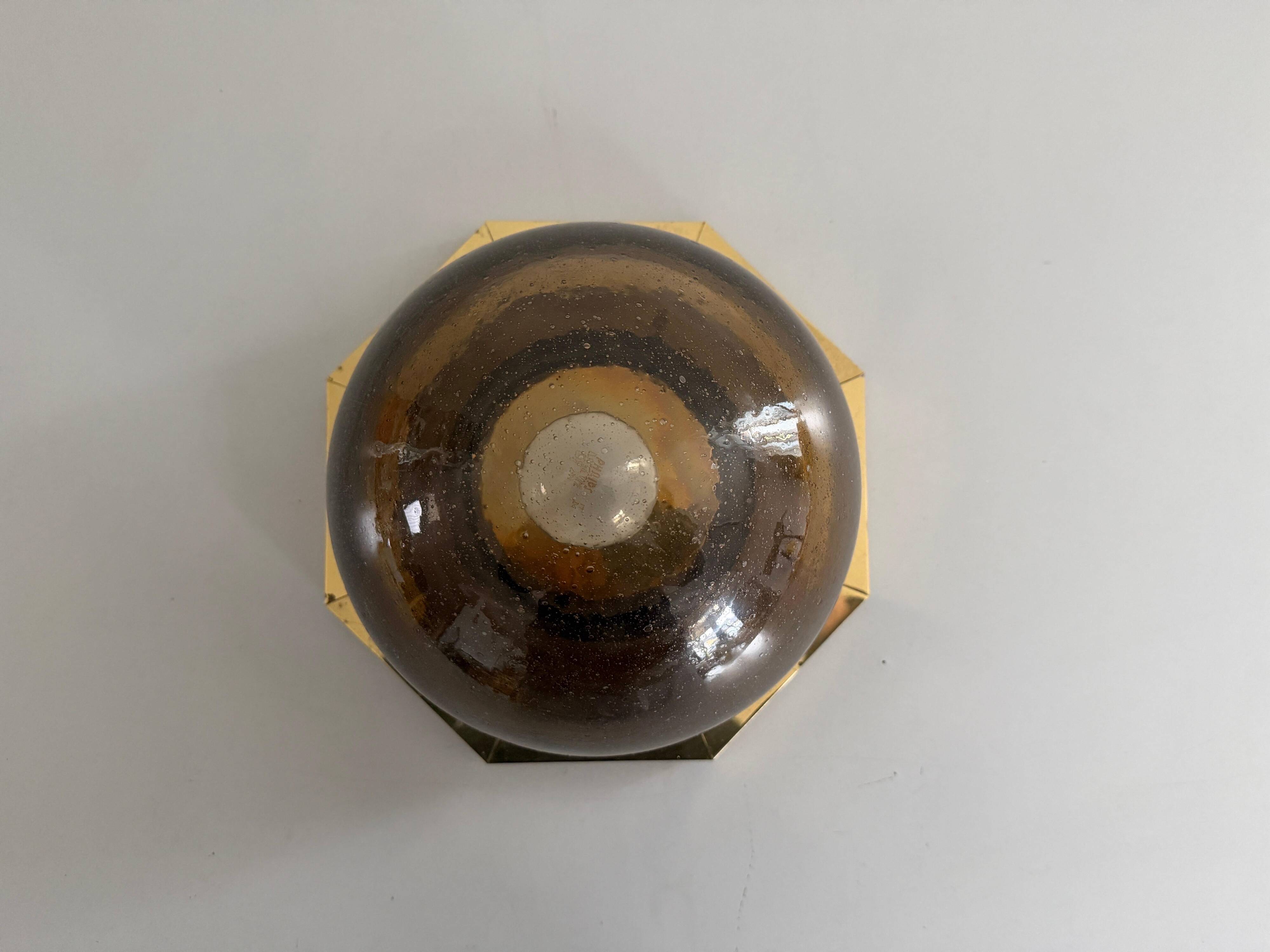 Octagonal ceiling light in brown glass and brass base by Limburg, 1960s, Germany.