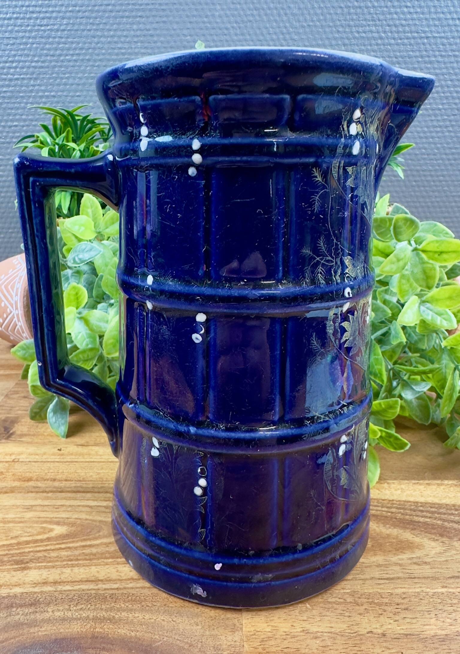 Vintage blue glazed ceramic pitcher