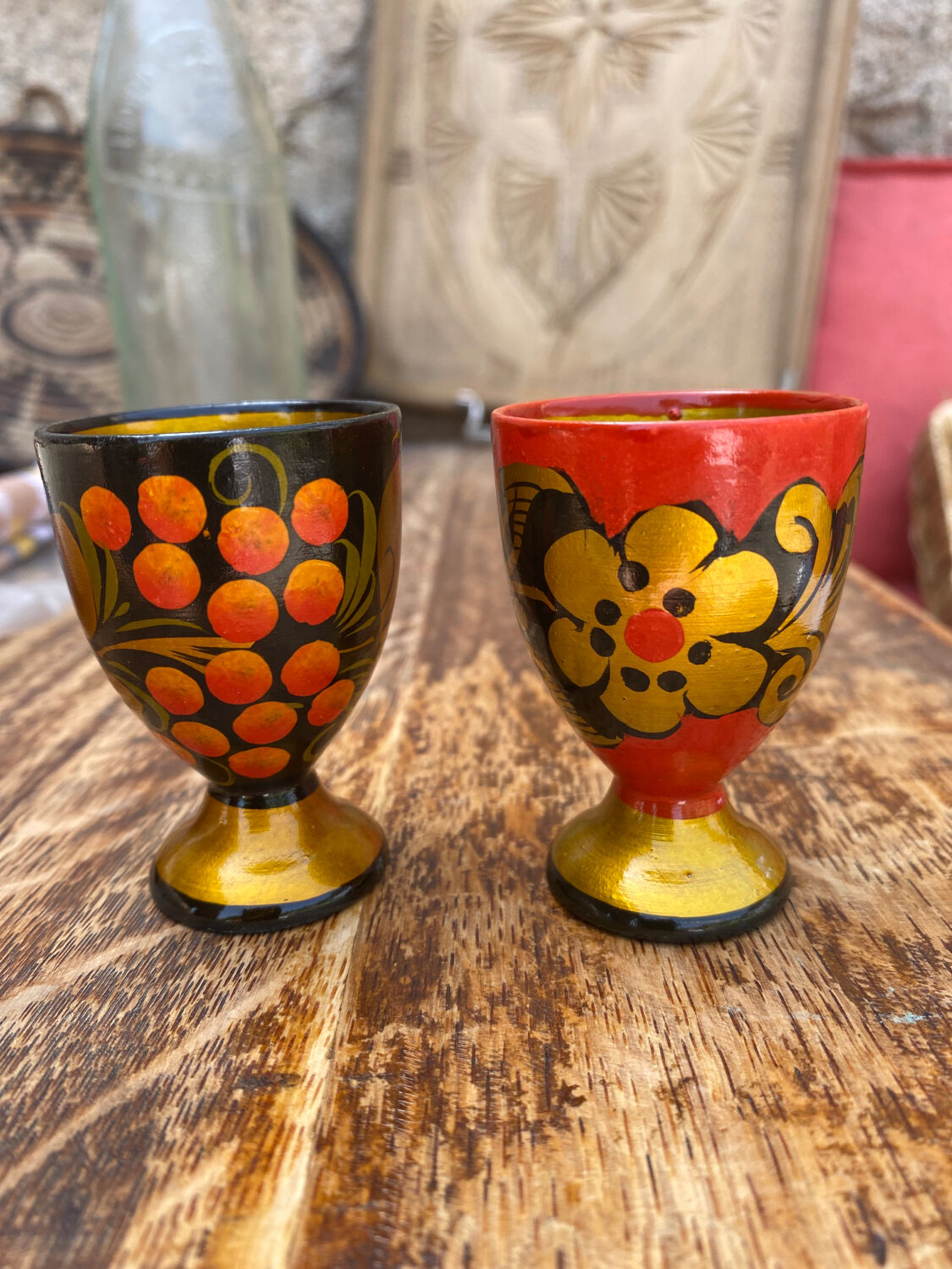 2 wooden egg cups Russian folklore