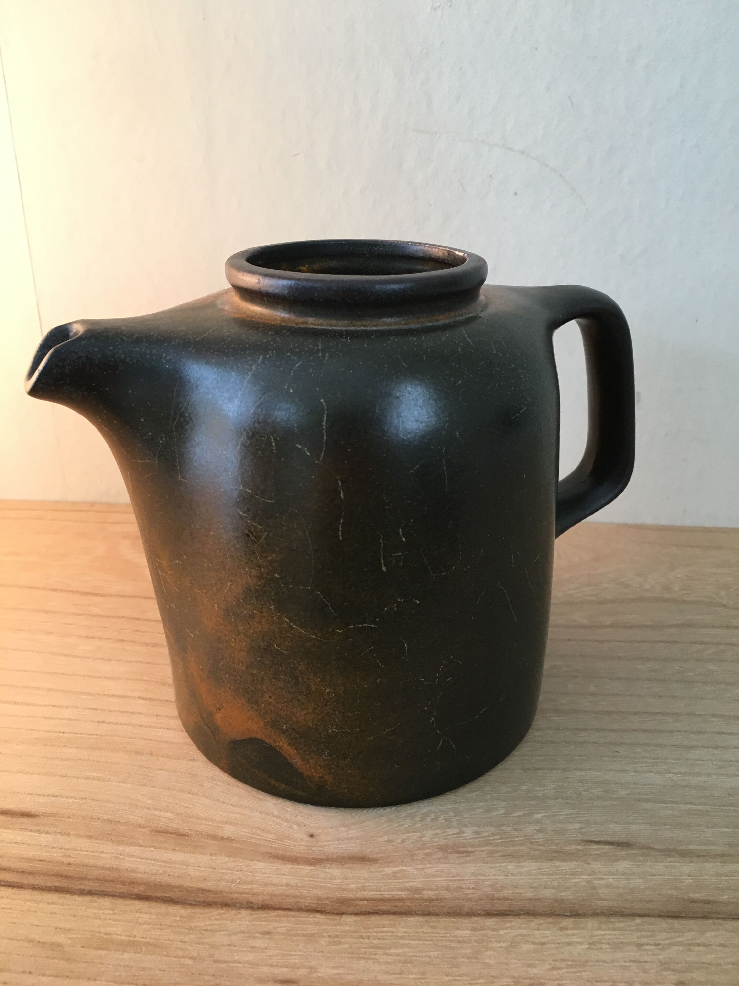 Beautiful sandstone teapot enamel brown and orange