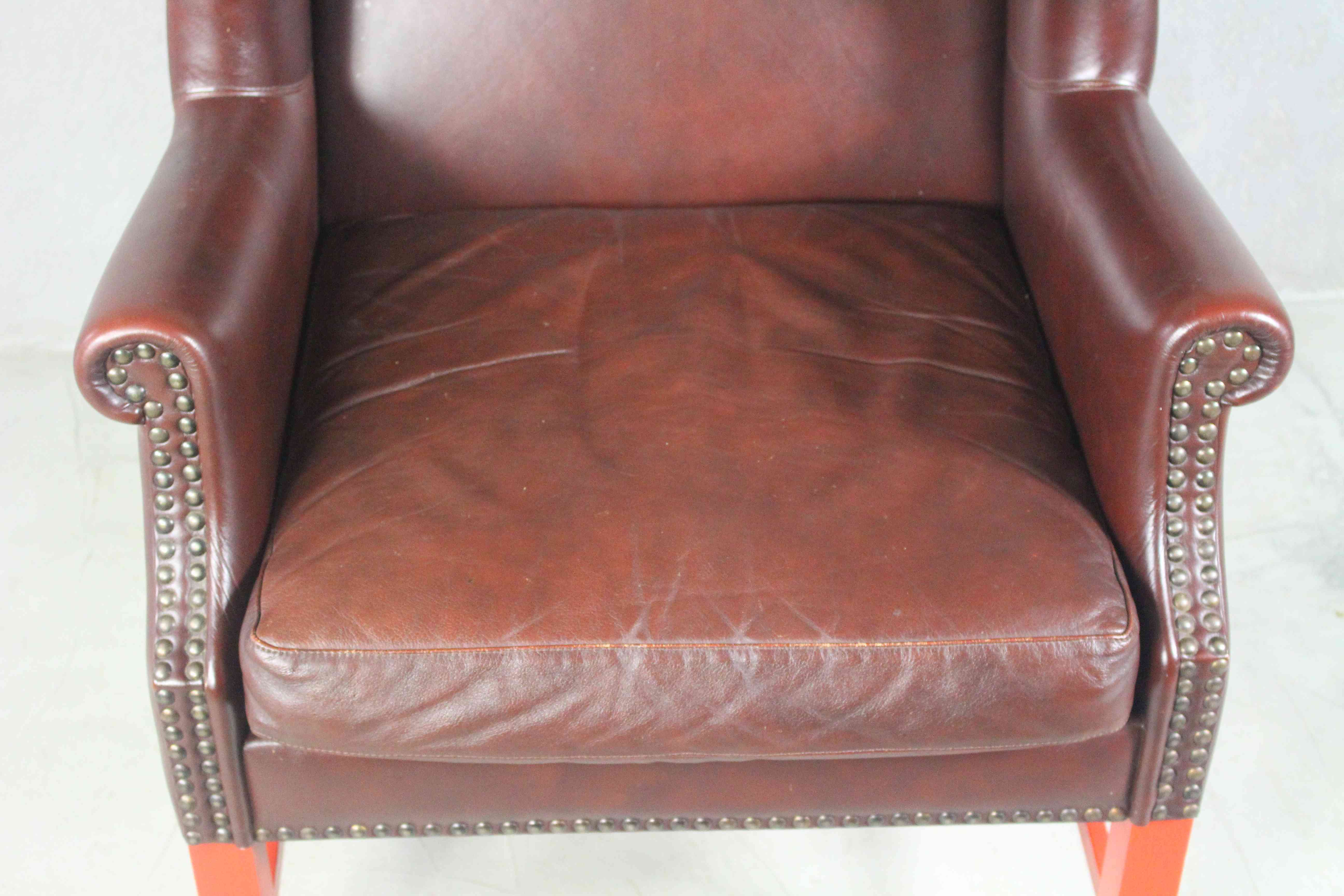 English Georgian Style Brown Leather Wingback Armchair