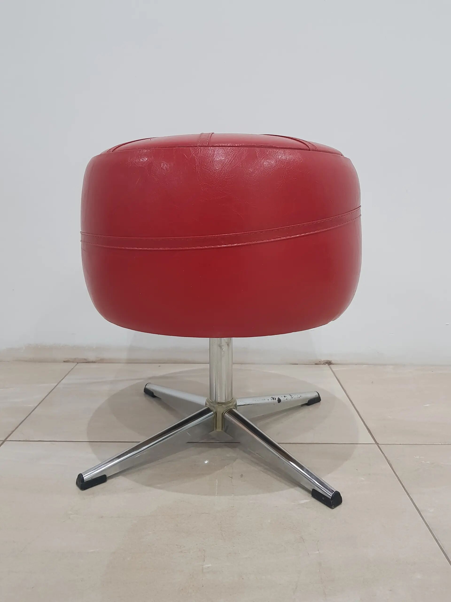 Pouf with storage function, red vinyl, chrome, Germany, 1960s