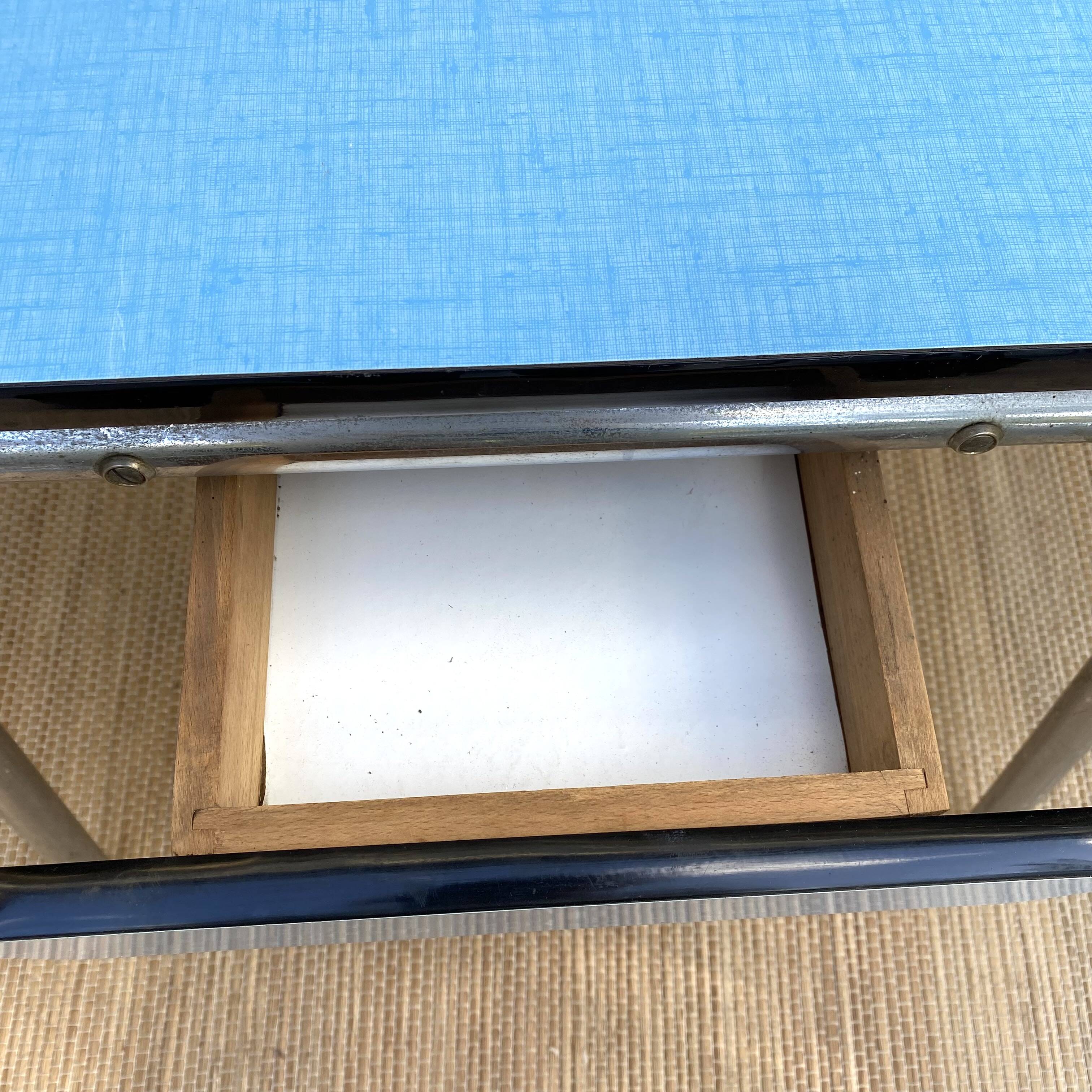 Extendable blue formica table and 2 chairs, 1960s