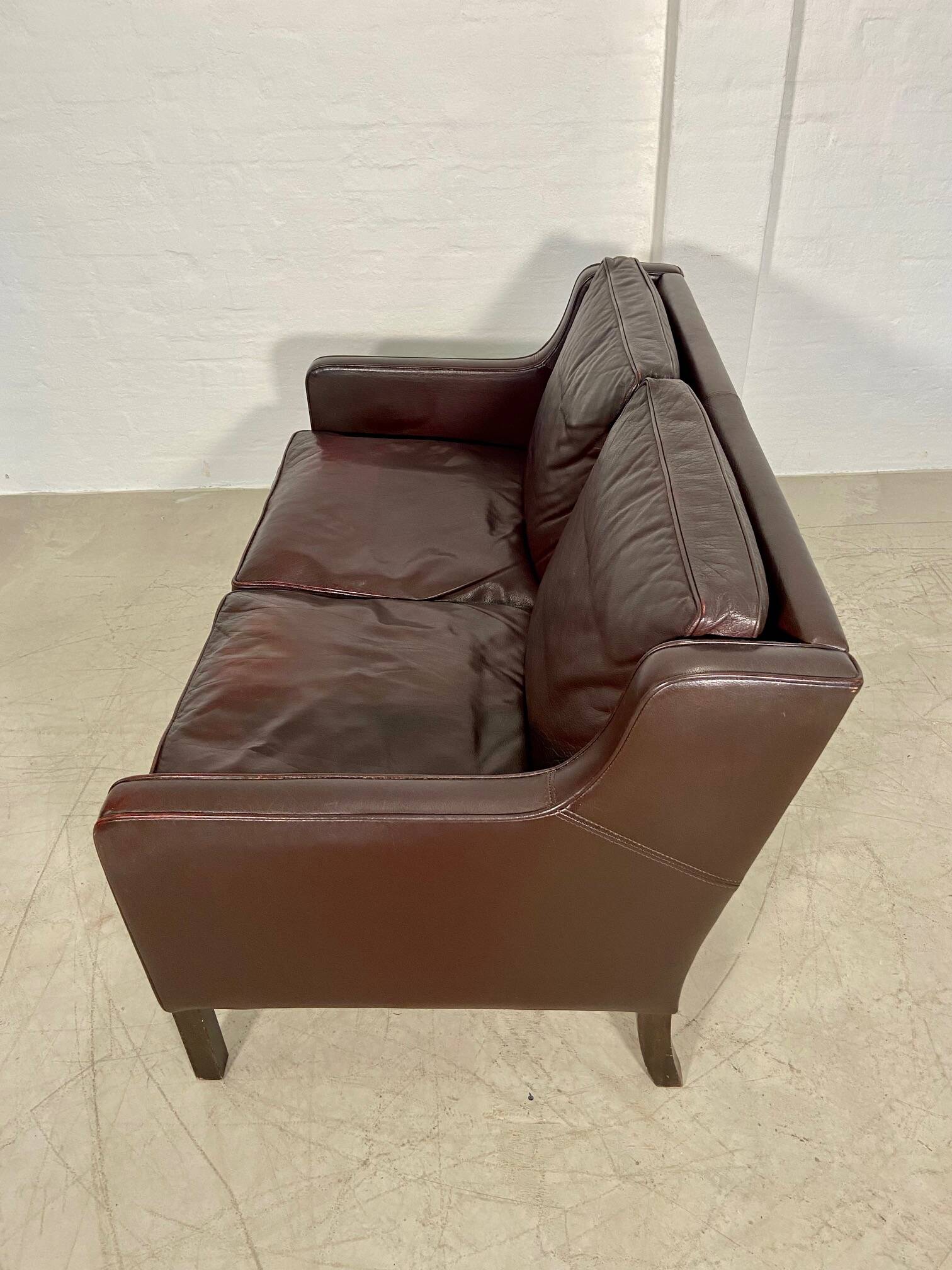 Vintage danish mid century dark cognac leather 2 seater stouby sofa