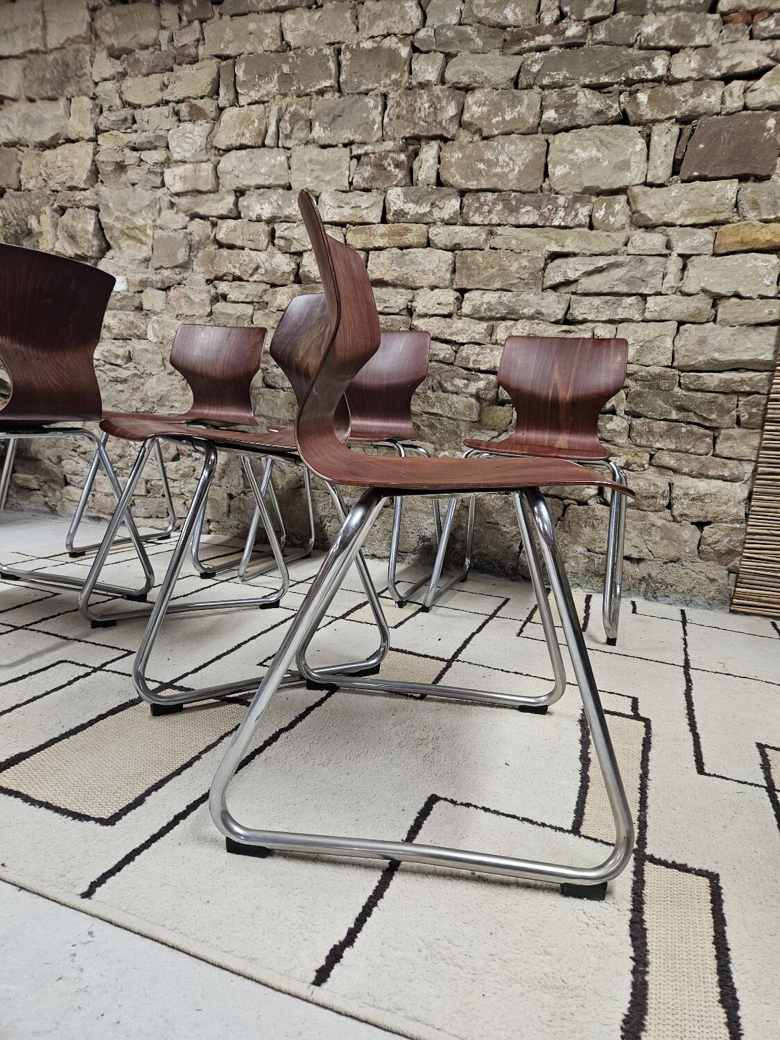 Set of 6 Flötotto pagwood stackable chairs 1960