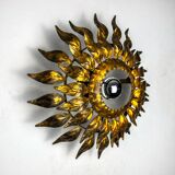 Sun wall lamp by ferro arte, metal and gold leaf, Spain, 1960