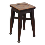 Antique English solid oak stool with a touch of art nouveau style