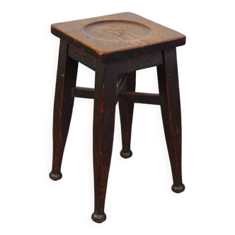 Antique English solid oak stool with a touch of art nouveau style