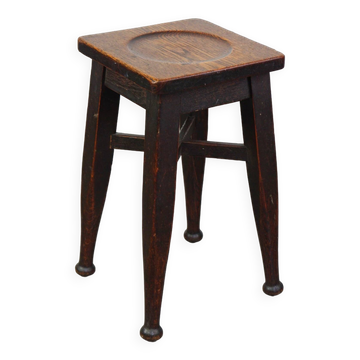 Antique English solid oak stool with a touch of art nouveau style
