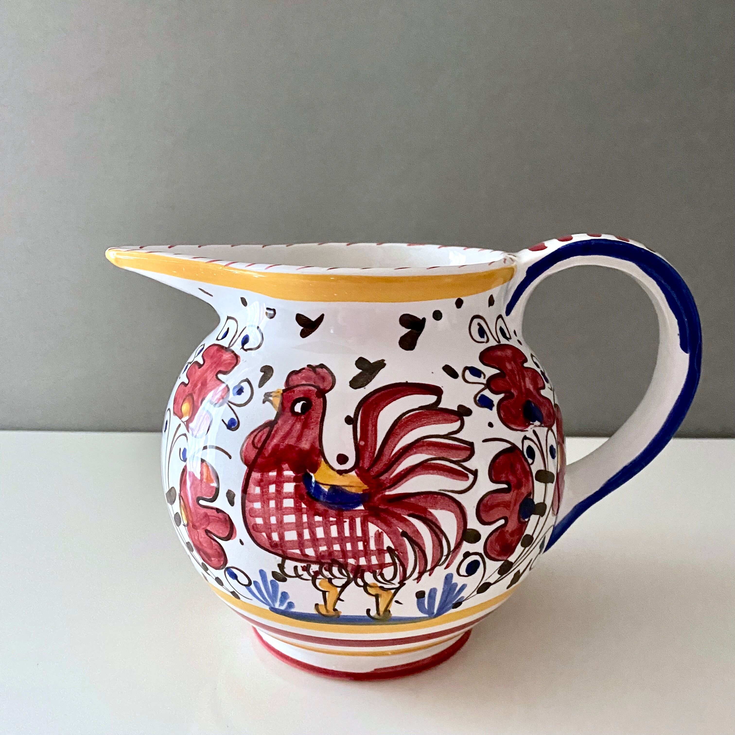 Vintage jug by Deruta Etrusca red rooster, Italy, majolica, ceramic hand painted