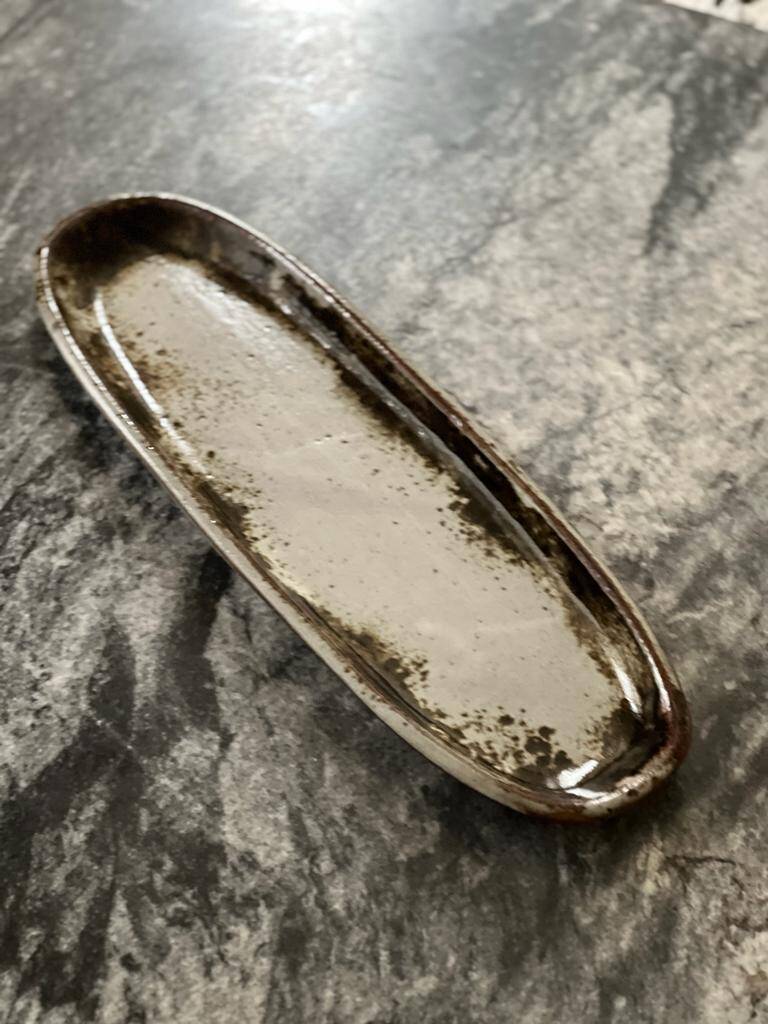 large fish serving dish in enamelled and signed stoneware ceramic, 1960