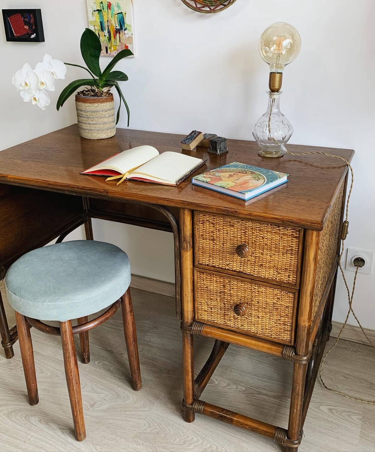 Vintage bamboo and wood rattan desk