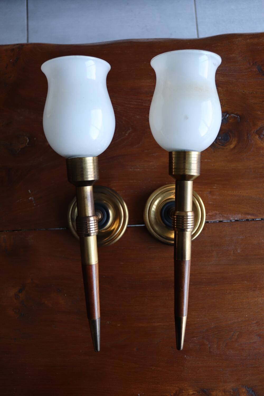 Pair of vintage Lunel house wood and brass wall lights