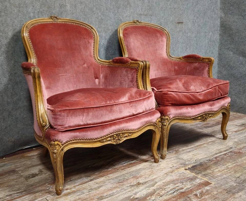 Pair of cabriolet armchairs in Louis XV style – Carved wood – Pink velvet –