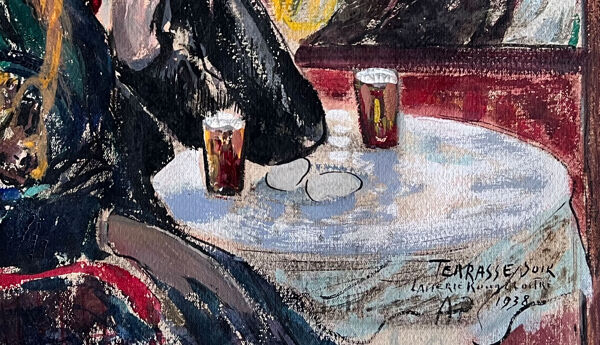 En terrasse le soir à la laiterie rouge'' Huile sur carton