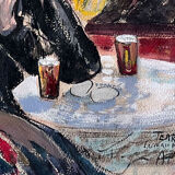 "En terrasse le soir à la laiterie rouge" Huile sur carton