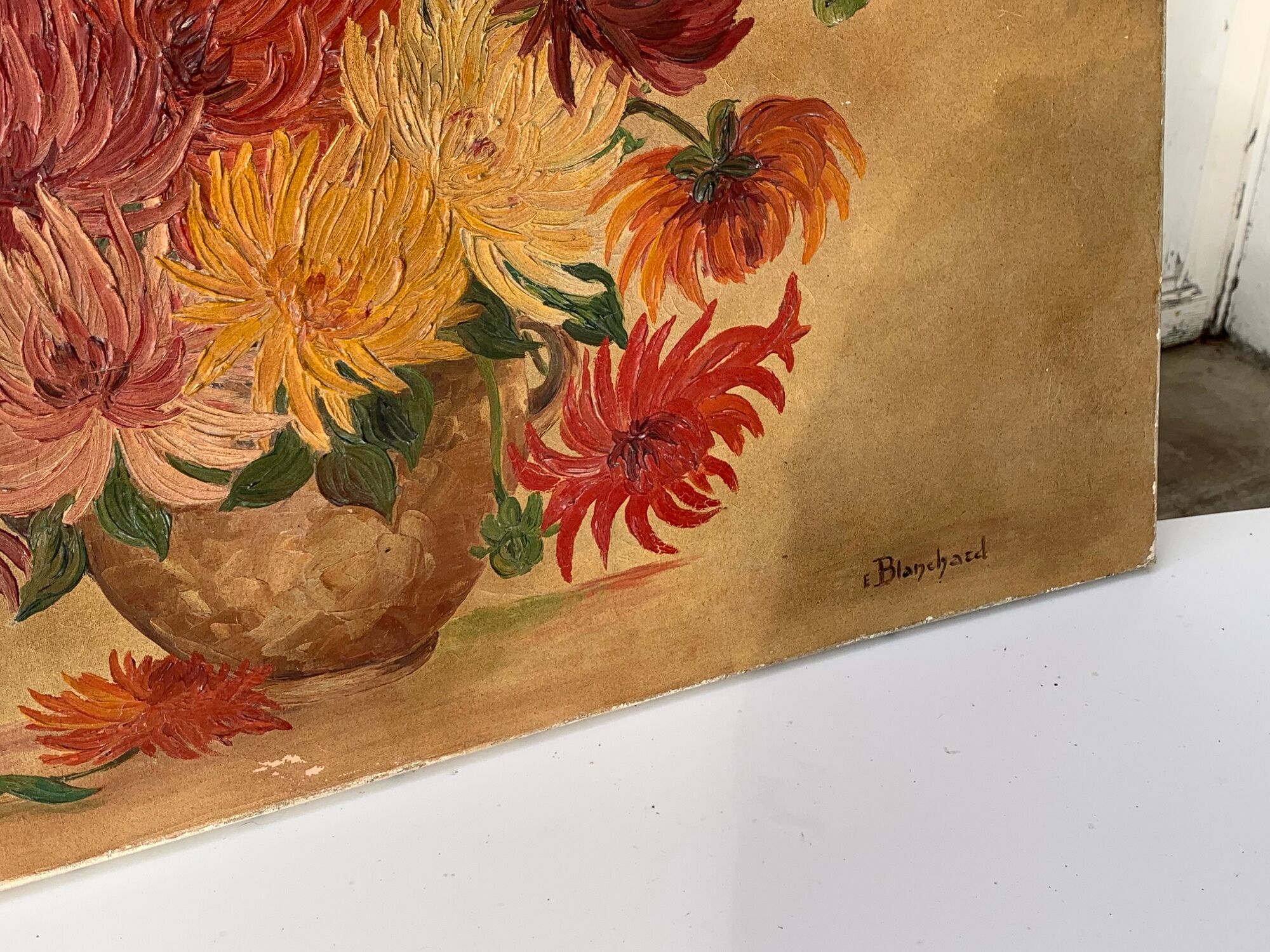 Painting the bouquet of vintage dahlias signed Blanchard