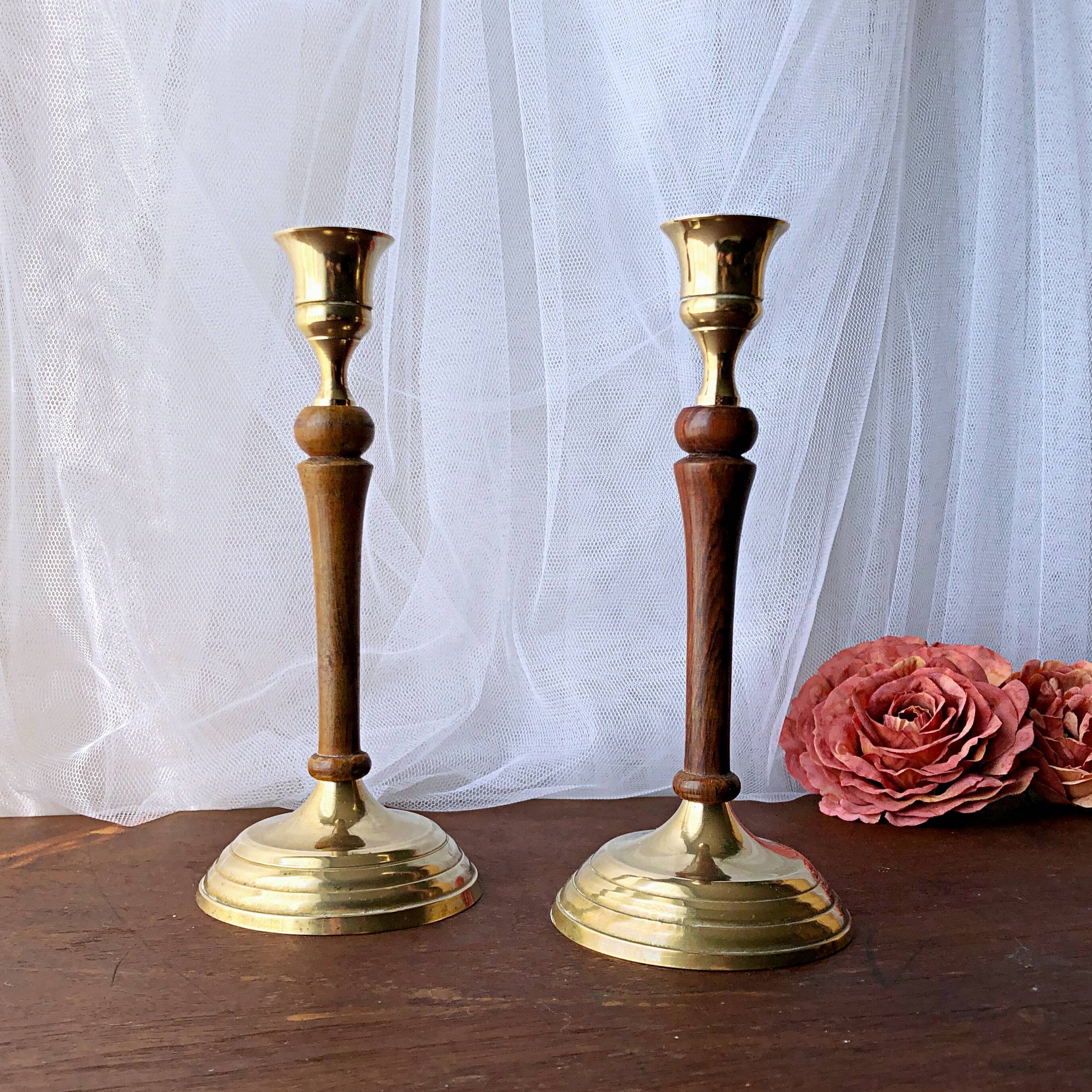 Pair of gilded brass and vintage Indian wood candlesticks