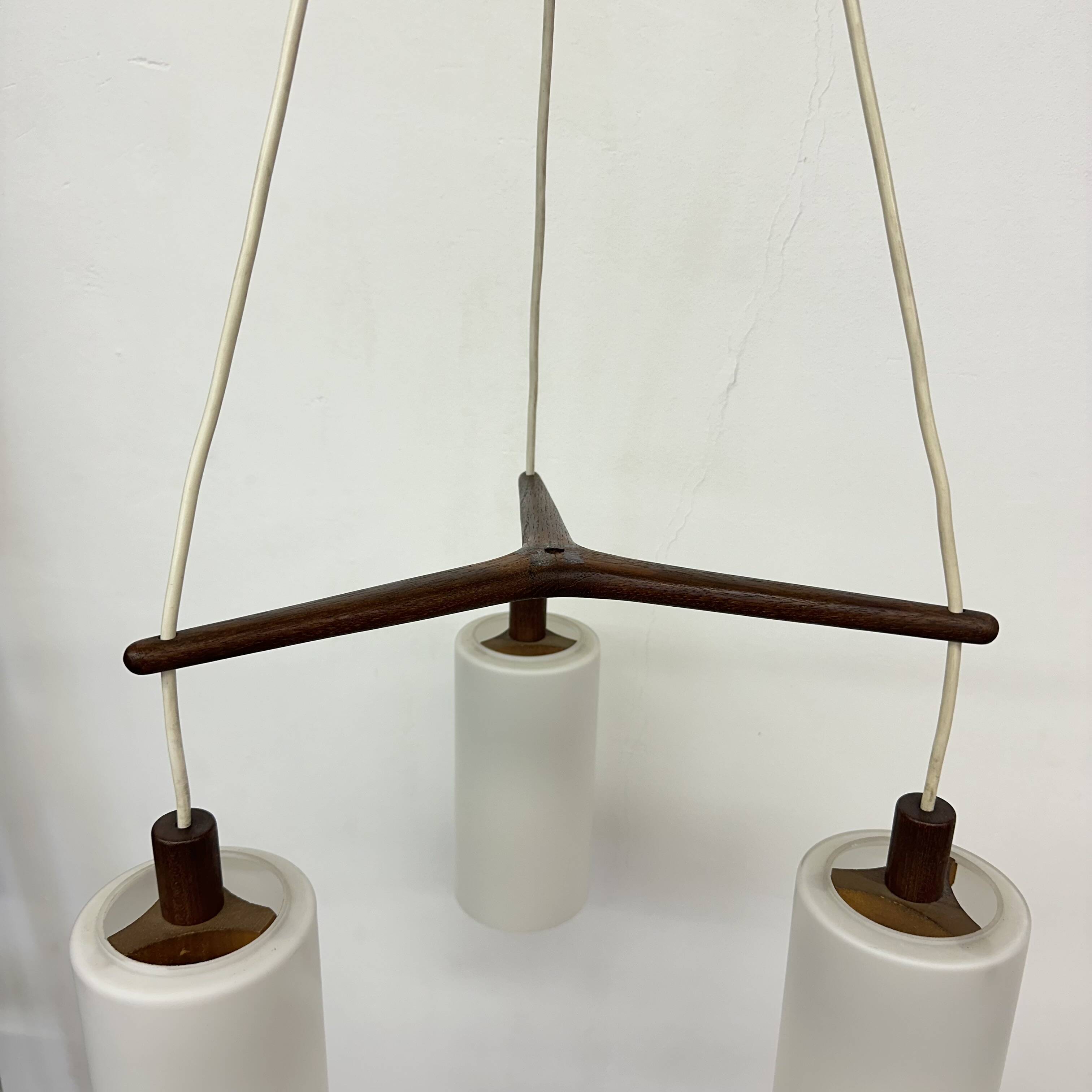 Mid-century design pendant lamp teak and opaline glass , 1970s