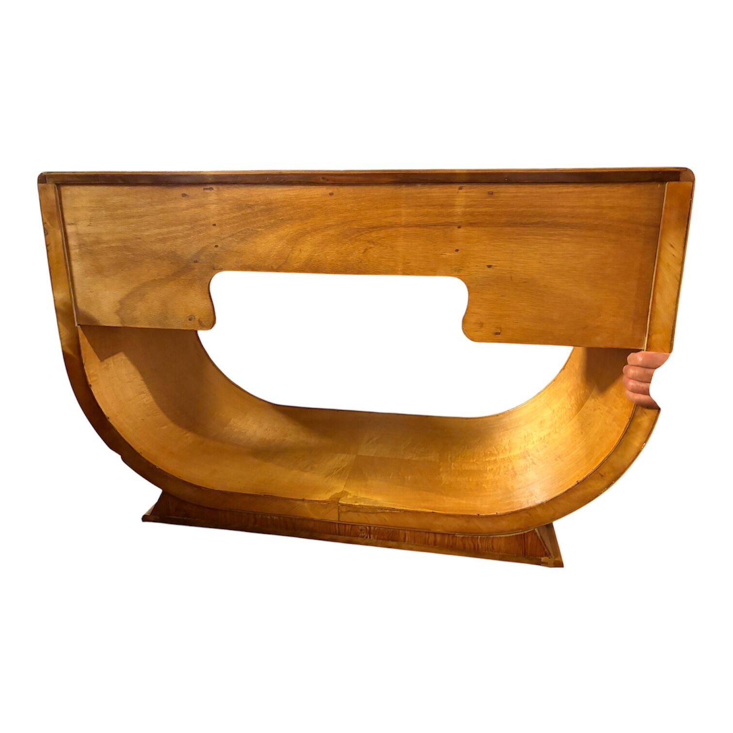 Table console vintage Art Déco en érable à œil d'oiseau 1920-1930 Sweep