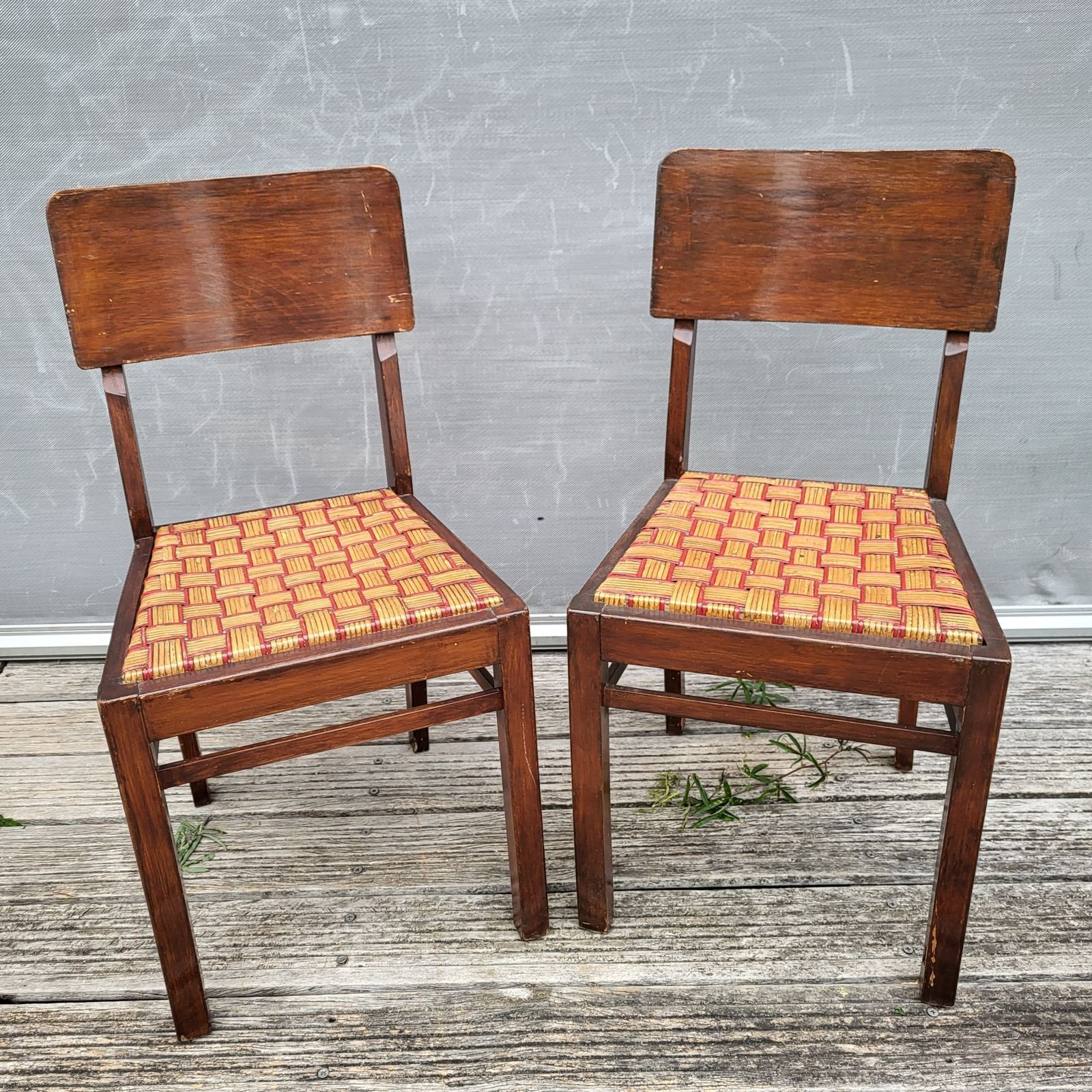 Set de 2 chaises bistrot 1950 bois et rotin