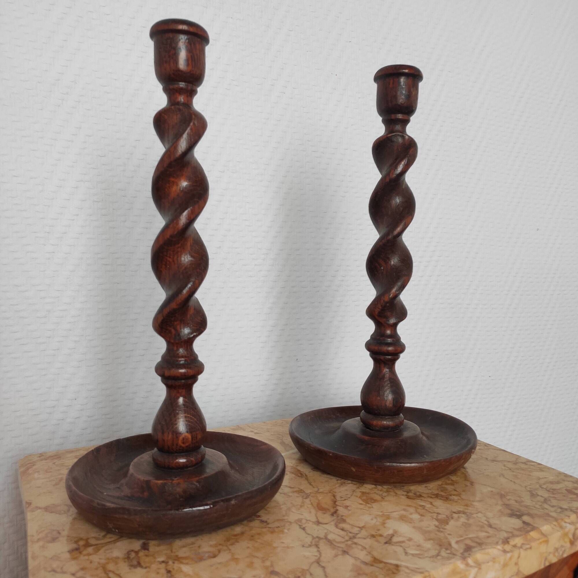 Pair of antique English turned wood candlesticks