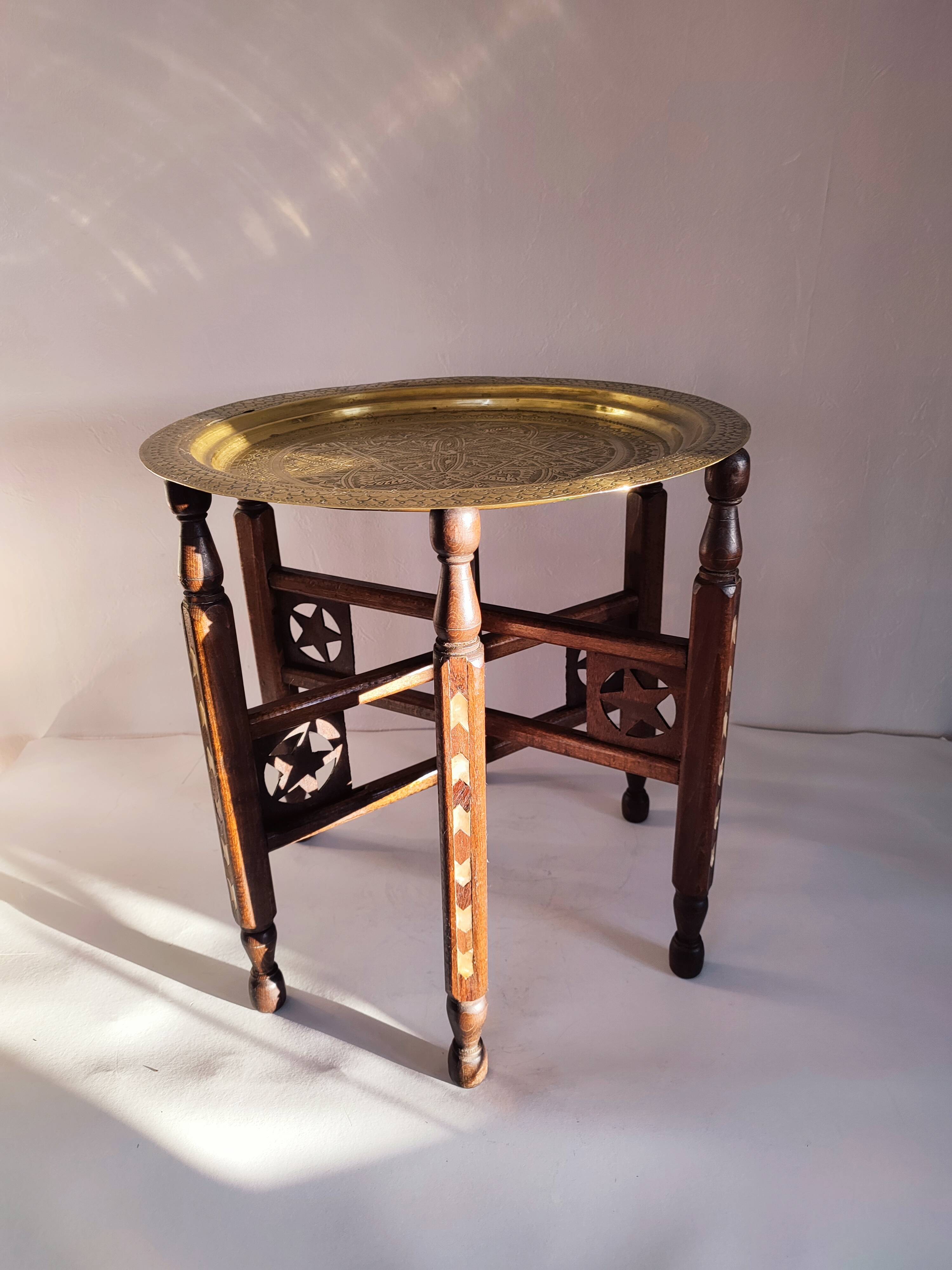 Syrian tea coffee table, mother-of-pearl wood and brass top