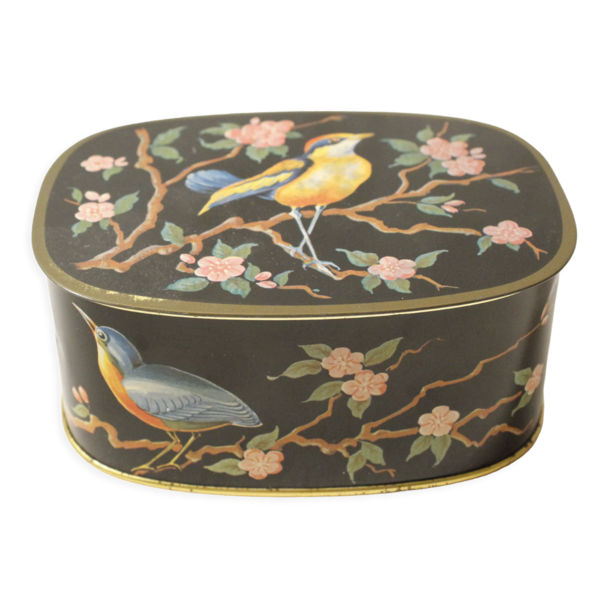 Boîte métallique vintage noire avec décor oiseaux