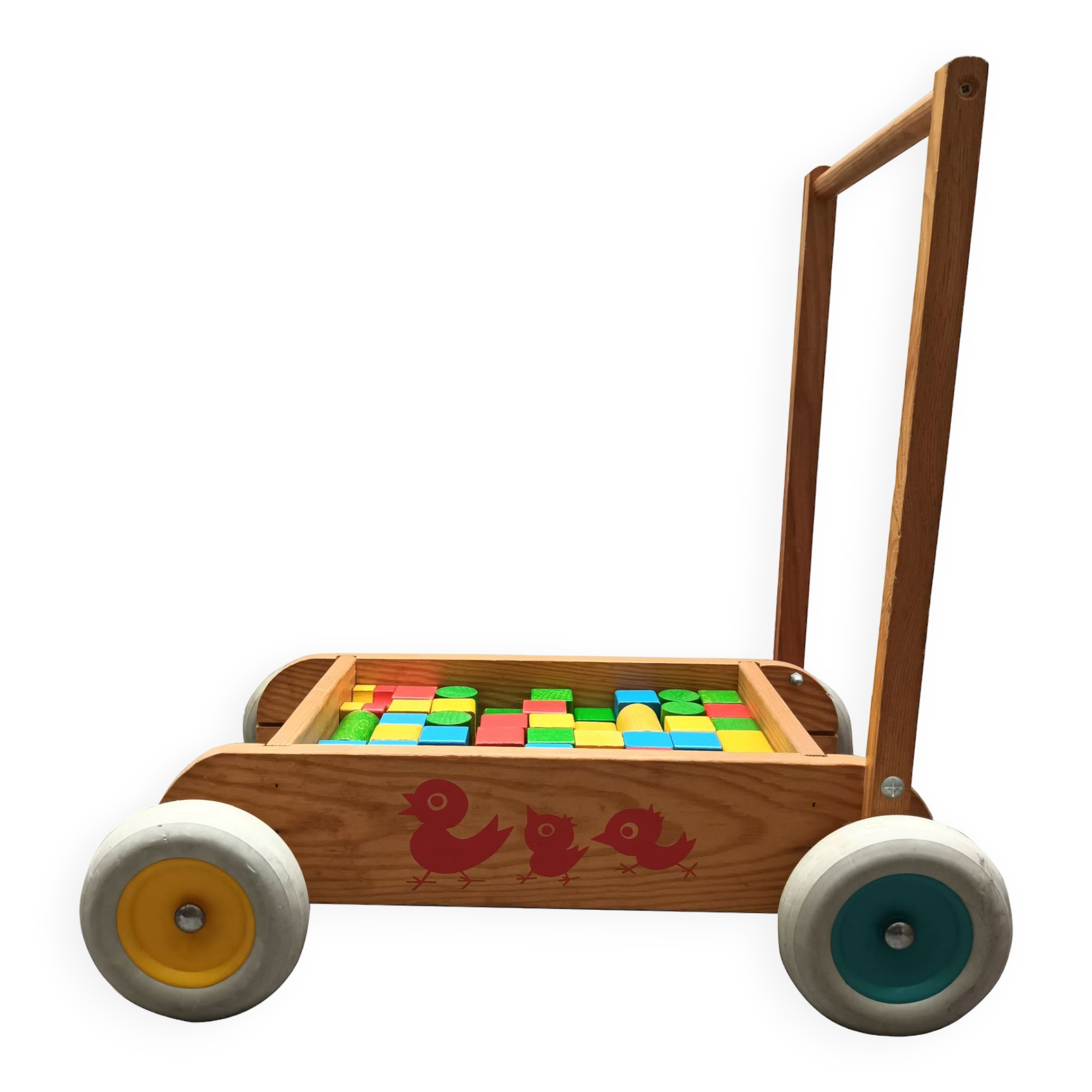 Walking trolley with multicolored wooden cubes
