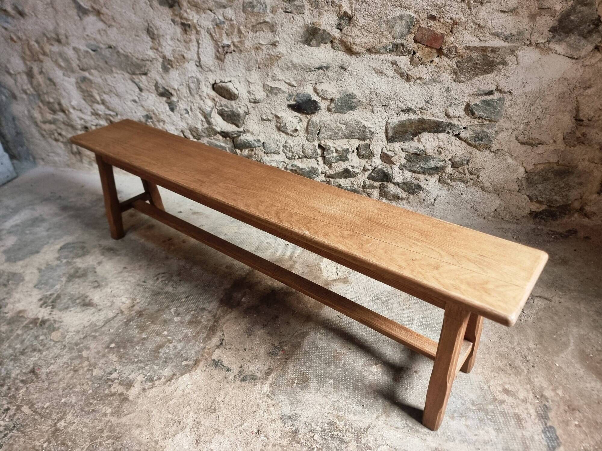 Vintage oak bench, solid wood dining bench, rustic farmhouse bench, French country style, circa 1950–1965.