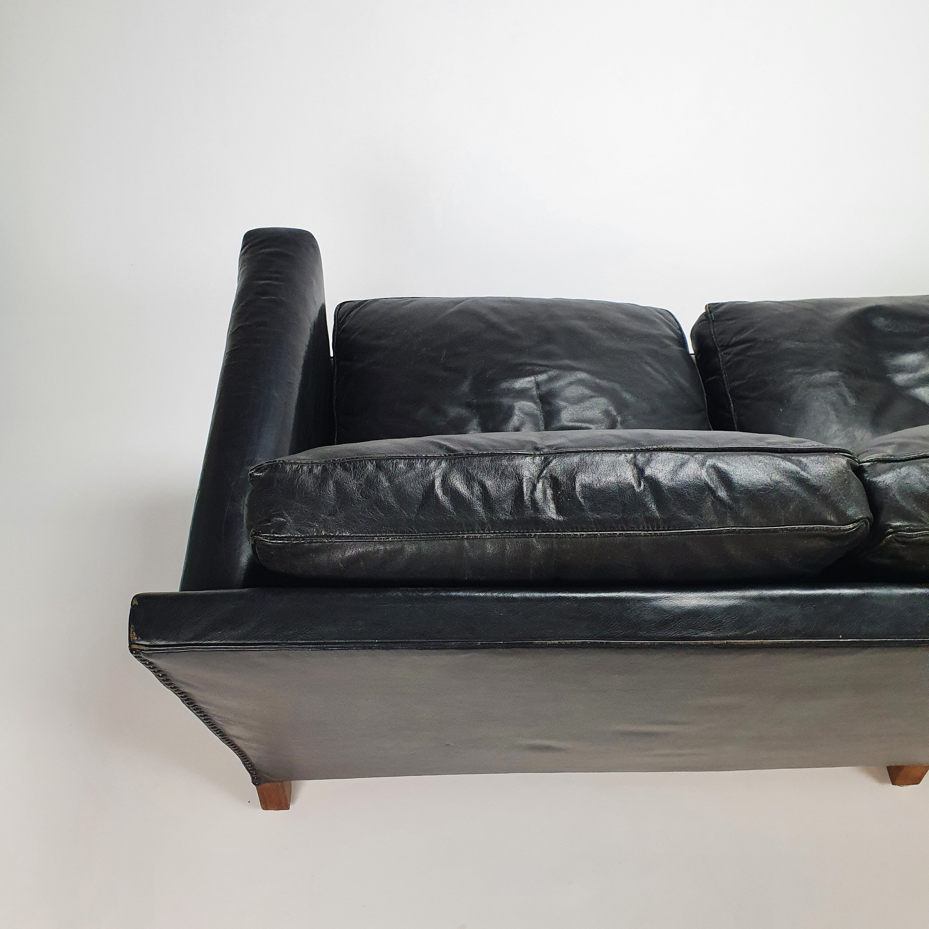 Mid century black leather scandinavian 3 seats sofa, 1950