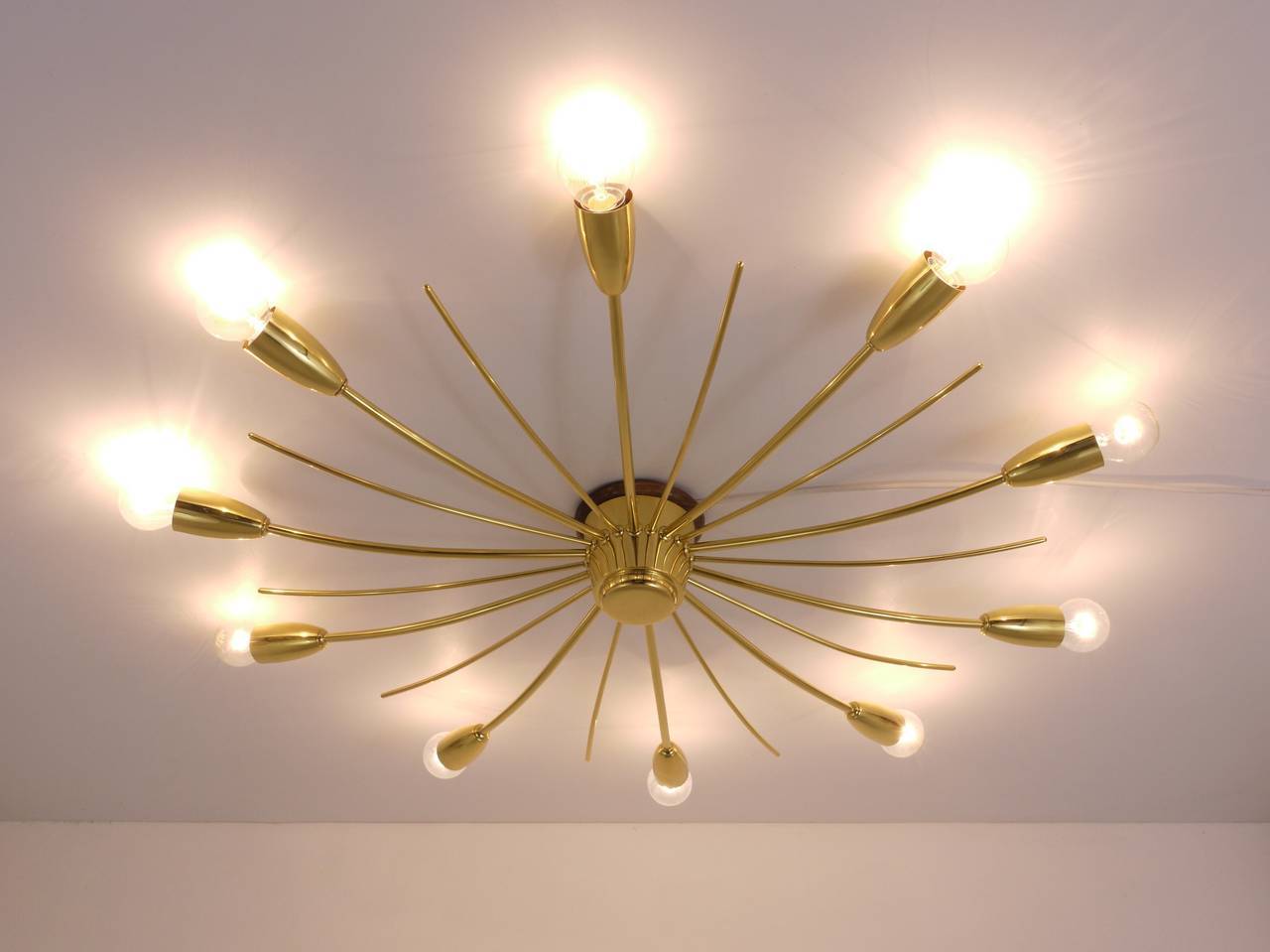 Large brass spider chandelier sun J.T. Kalmar Sonne, flush mount, Austria, 1950s