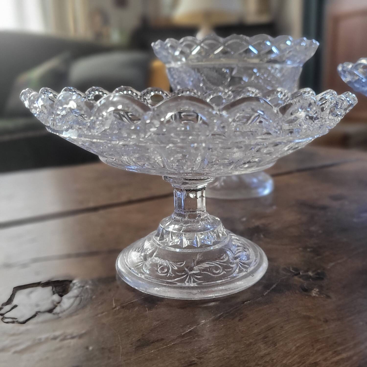 Trio of antique openwork pressed glass bowls – France, 1920–1940