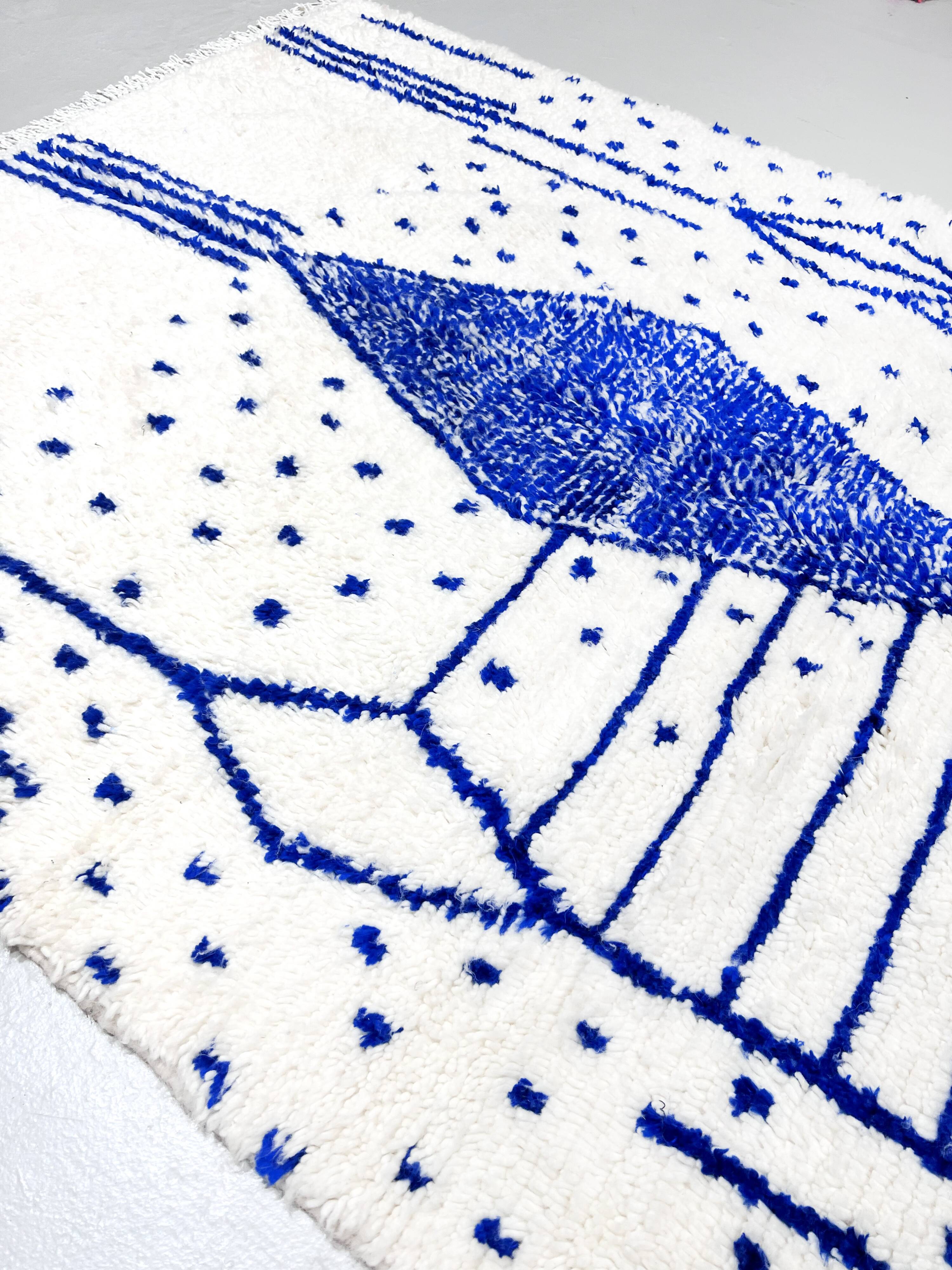 Azilal Moroccan Berber rug with Majorelle blue patterns, 2.42 x 1.50 m