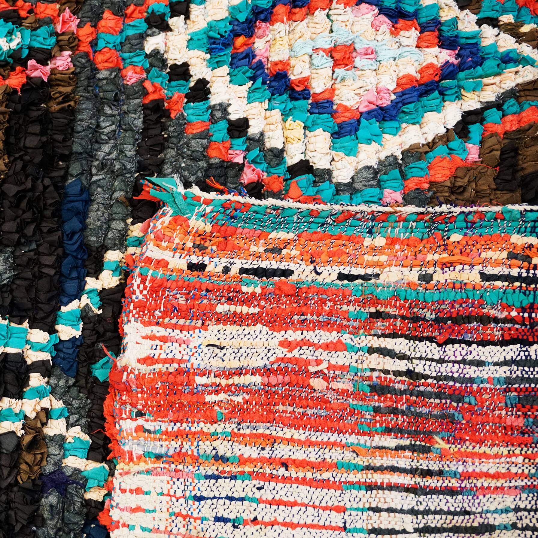Multicoloured hand-knotted Moroccan Berber Boucherouit rug, vintage.