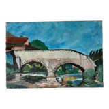 Oil painting on canvas landscape bridge and old river