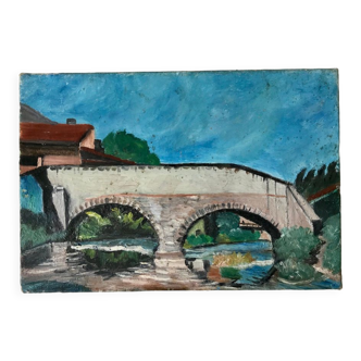 Tableau huile sur toile paysage pont et rivière ancien